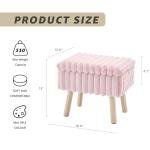Pink Faux Fur Storage Ottoman with Wood Tray & Hidden Storage – Small Vanity Stool / Footrest / Coffee Table