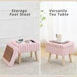 Pink Faux Fur Storage Ottoman with Wood Tray & Hidden Storage – Small Vanity Stool / Footrest / Coffee Table
